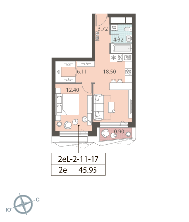 1 комн. квартира, 46.1 м², 17 этаж 