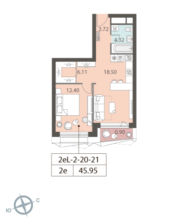 1 комн. квартира, 45.9 м², 20 этаж 