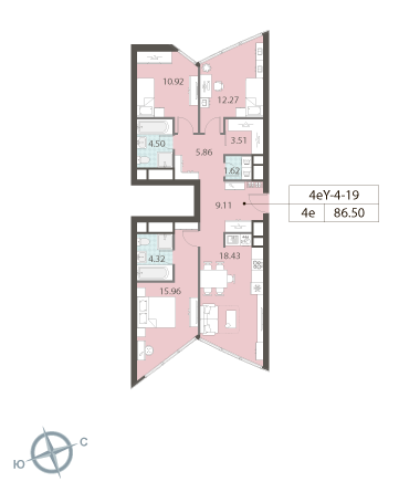 3 комн. квартира, 86.5 м², 19 этаж 