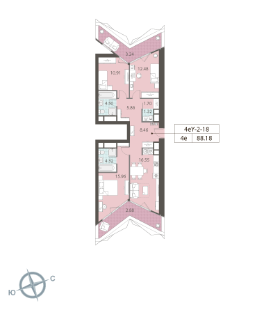 3 комн. квартира, 89.8 м², 18 этаж 