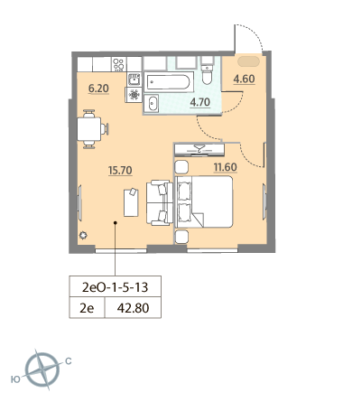 1 комн. квартира, 42.8 м², 13 этаж 