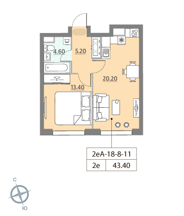 1 комн. квартира, 43.4 м², 11 этаж 