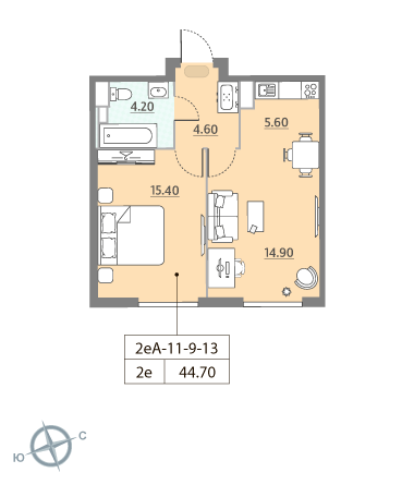1 комн. квартира, 44.7 м², 13 этаж 