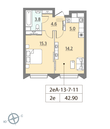 1 комн. квартира, 43 м², 11 этаж 