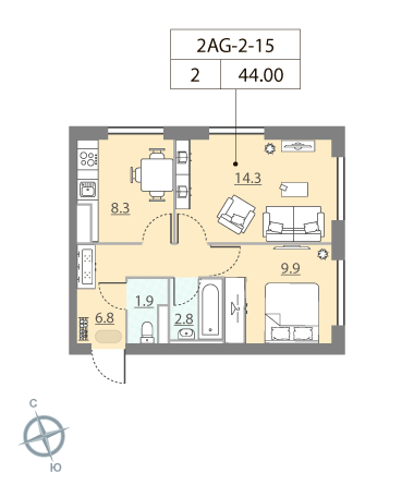 2 комн. квартира, 44 м², 15 этаж 