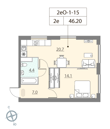1 комн. квартира, 46.2 м², 15 этаж 