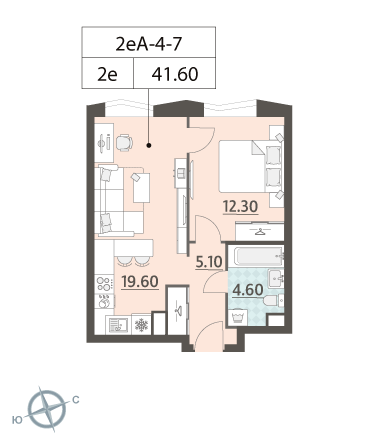 1 комн. квартира, 41.6 м², 7 этаж 
