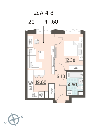1 комн. квартира, 41.6 м², 8 этаж 
