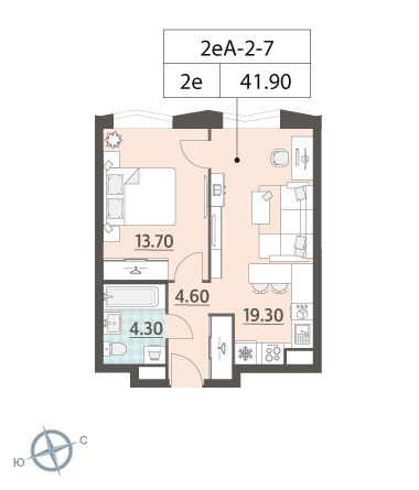 1 комн. квартира, 41.8 м², 7 этаж 