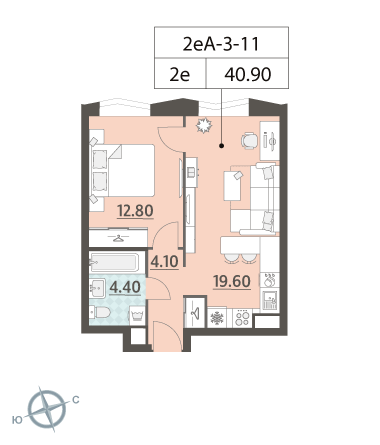 1 комн. квартира, 40.9 м², 11 этаж 