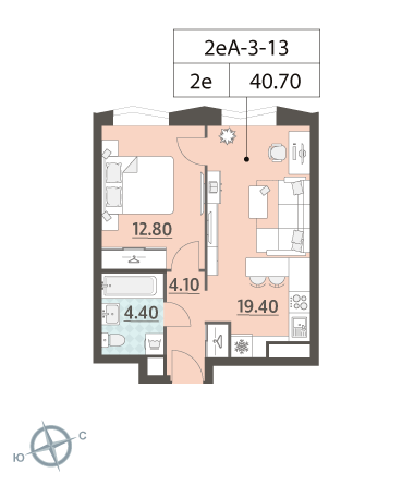 1 комн. квартира, 40.7 м², 13 этаж 