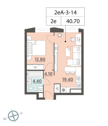 1 комн. квартира, 40.7 м², 14 этаж 