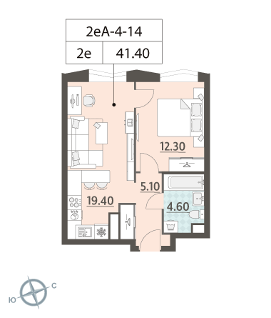 1 комн. квартира, 41.4 м², 14 этаж 
