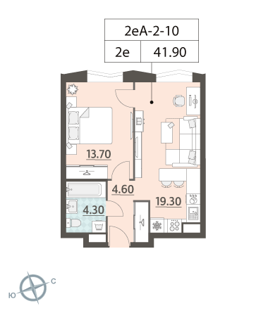 1 комн. квартира, 41.9 м², 10 этаж 