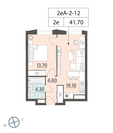 1 комн. квартира, 41.7 м², 12 этаж 