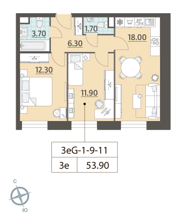 2 комн. квартира, 53.9 м², 11 этаж 