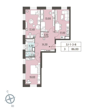 3 комн. квартира, 86 м², 3 этаж 