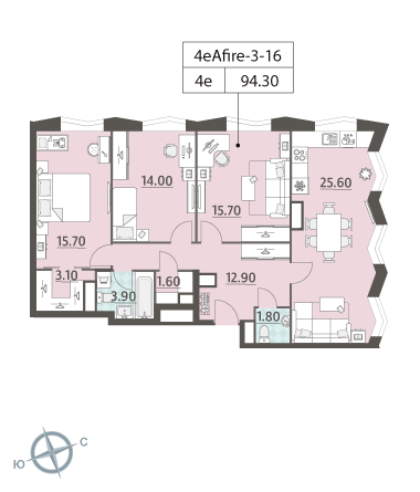 3 комн. квартира, 94.2 м², 16 этаж 