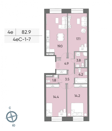 3 комн. квартира, 82.9 м², 7 этаж 