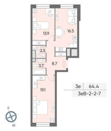 2 комн. квартира, 64.4 м², 7 этаж 