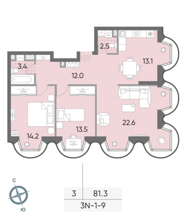 3 комн. квартира, 81.3 м², 9 этаж 