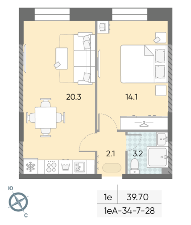 1 комн. квартира, 39.7 м², 9 этаж 