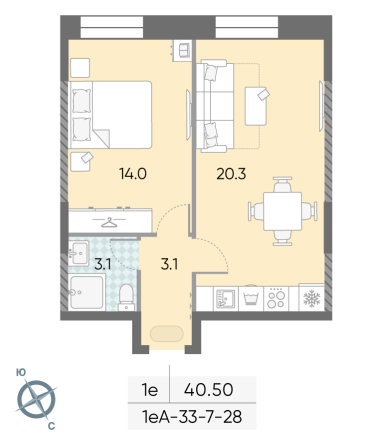 1 комн. квартира, 40.5 м², 9 этаж 