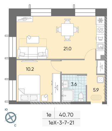 1 комн. квартира, 40.7 м², 8 этаж 