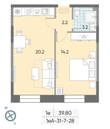 1 комн. квартира, 39.8 м², 7 этаж 
