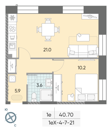 1 комн. квартира, 40.7 м², 7 этаж 