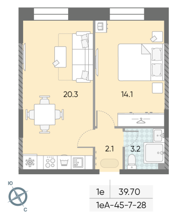 1 комн. квартира, 39.7 м², 7 этаж 