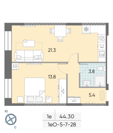 1 комн. квартира, 44.3 м², 28 этаж 