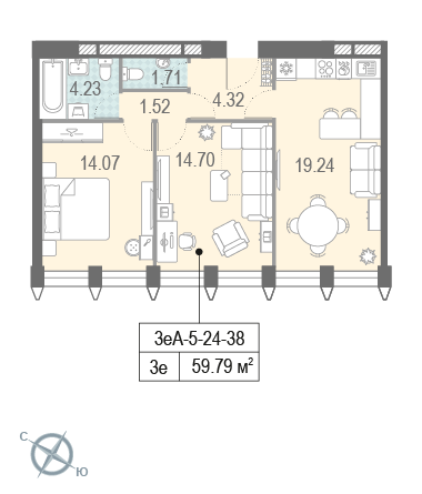 2 комн. квартира, 60.5 м², 24 этаж 