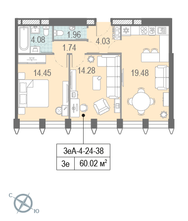 2 комн. квартира, 60.5 м², 26 этаж 