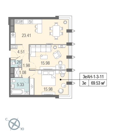 2 комн. квартира, 68.3 м², 11 этаж 