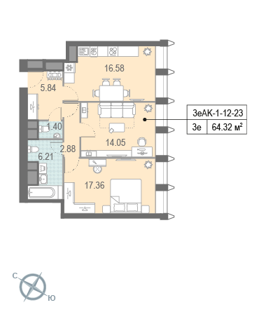 2 комн. квартира, 64.4 м², 16 этаж 