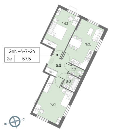 2 комн. квартира, 57.5 м², 11 этаж 