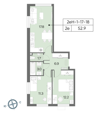 2 комн. квартира, 52.9 м², 17 этаж 