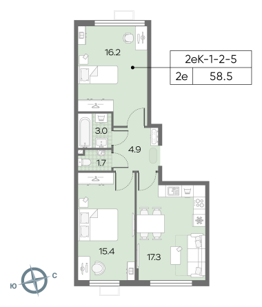 2 комн. квартира, 58.5 м², 5 этаж 