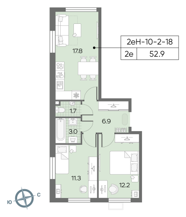2 комн. квартира, 52.9 м², 17 этаж 