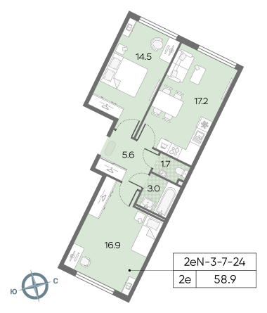 2 комн. квартира, 58.9 м², 19 этаж 
