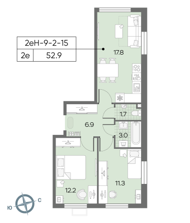 2 комн. квартира, 52.9 м², 15 этаж 