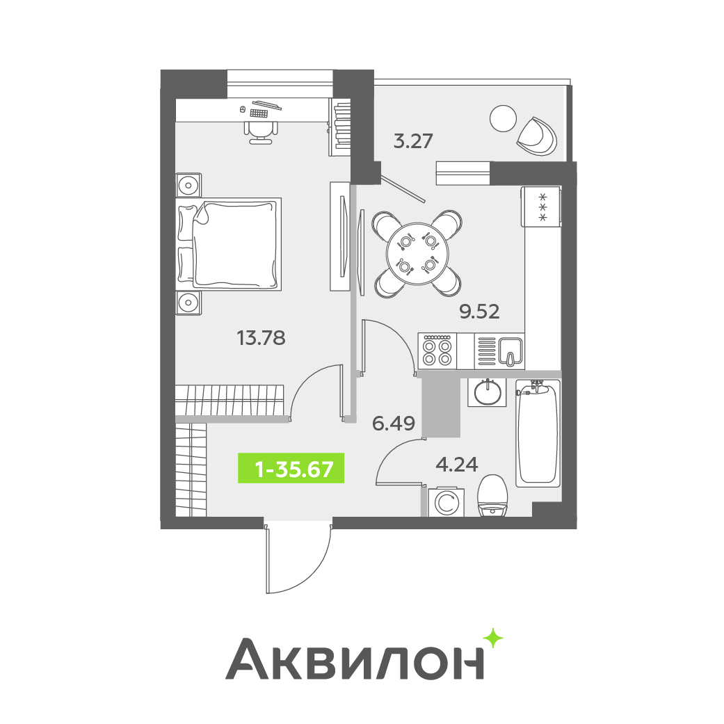 1 комн. квартира, 35.7 м², 6 этаж 