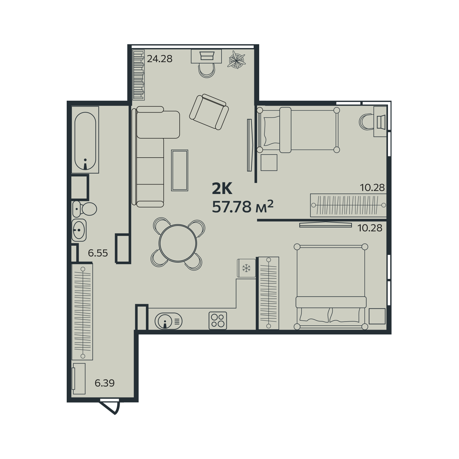 2 комн. квартира, 57.8 м², 6 этаж 