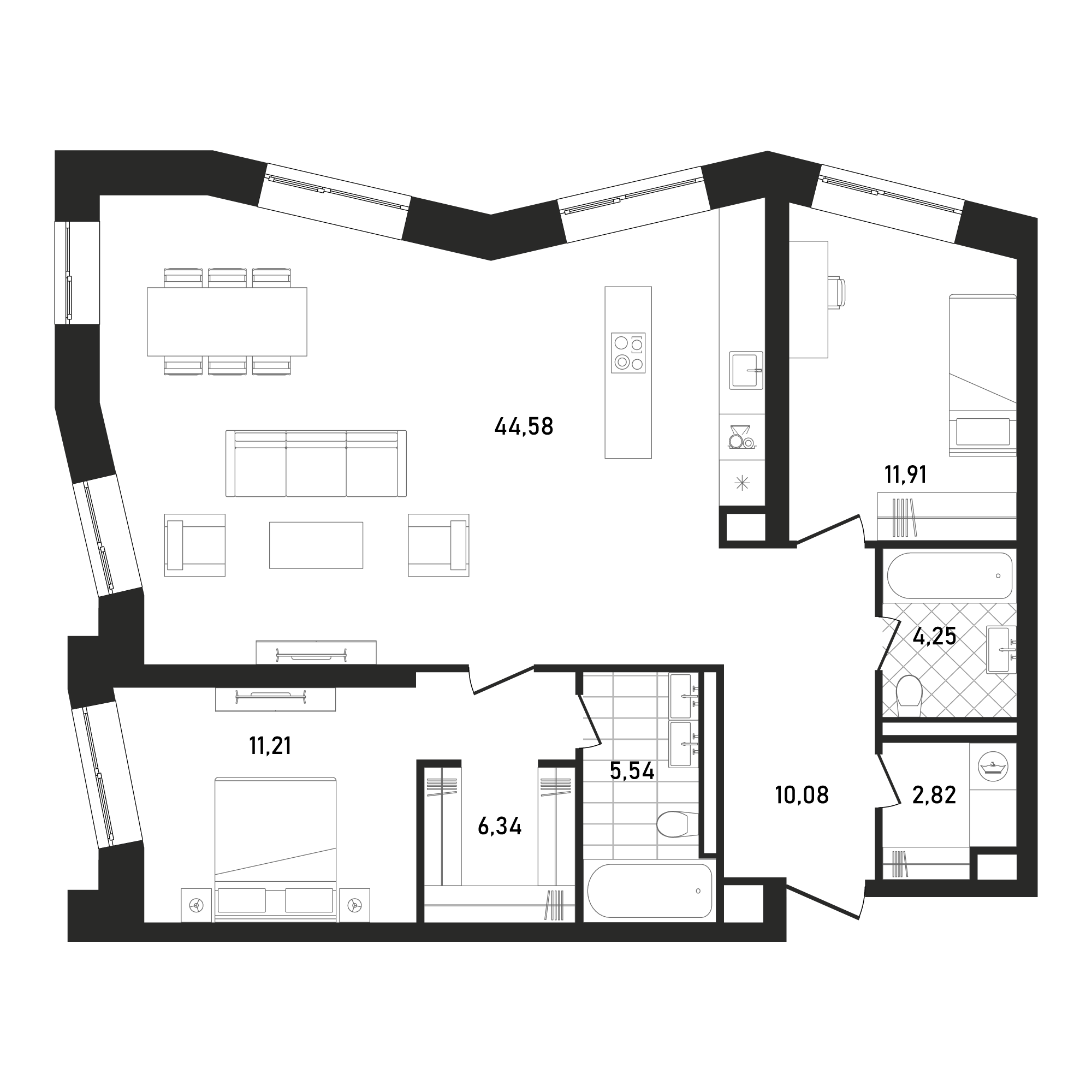 2 комн. квартира, 96.7 м², 11 этаж 
