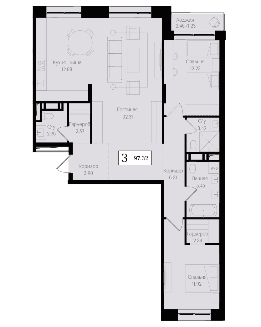 3 комн. квартира, 97.3 м², 4 этаж 