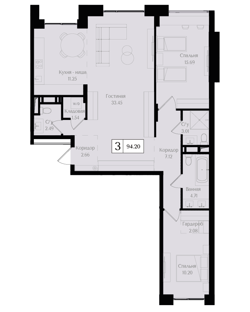 3 комн. квартира, 94.2 м², 4 этаж 