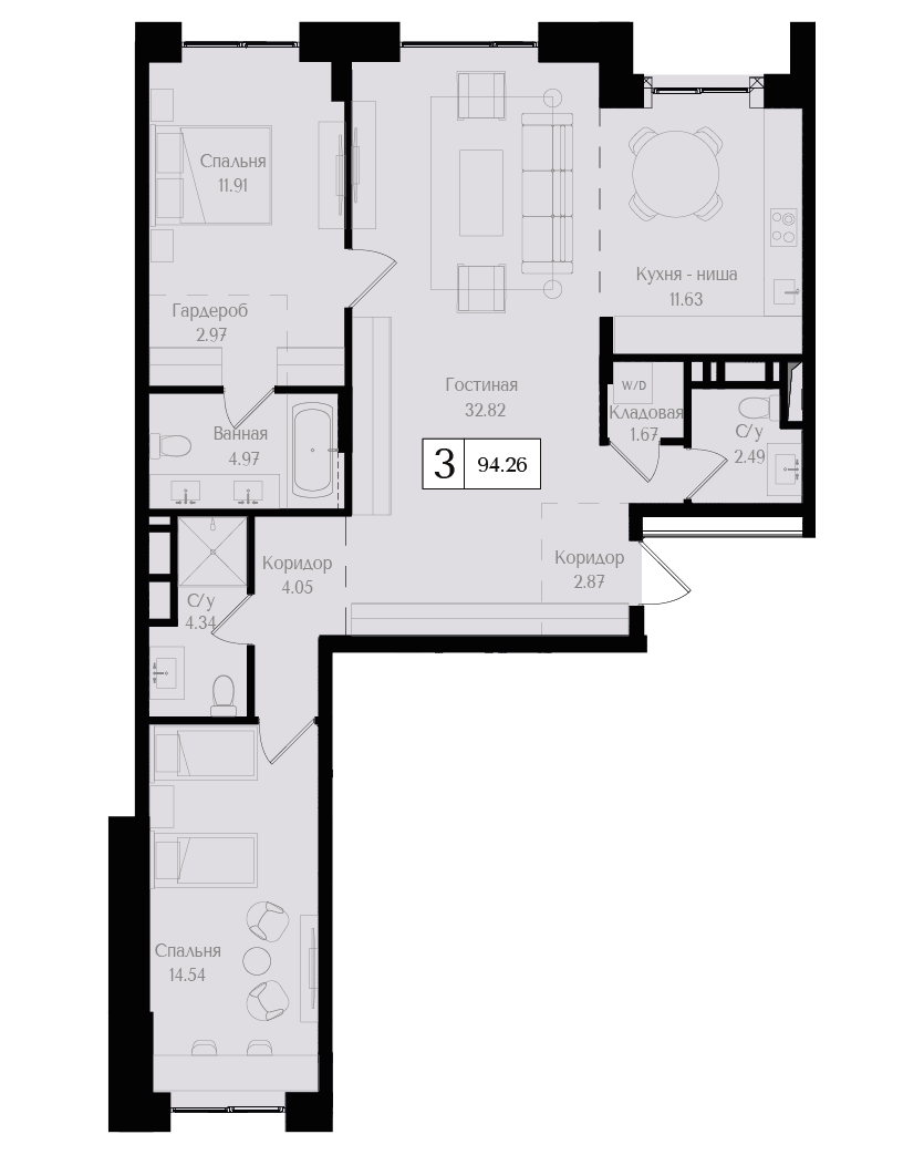 3 комн. квартира, 94.3 м², 4 этаж 