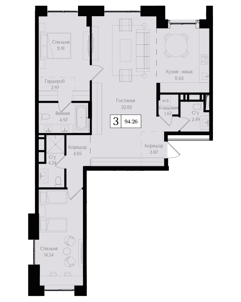 3 комн. квартира, 94.3 м², 10 этаж 
