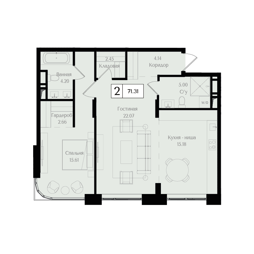 2 комн. квартира, 71.3 м², 4 этаж 
